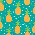 Pineapple seamless background. Yellow pineapple drawing. Cute hearts background.